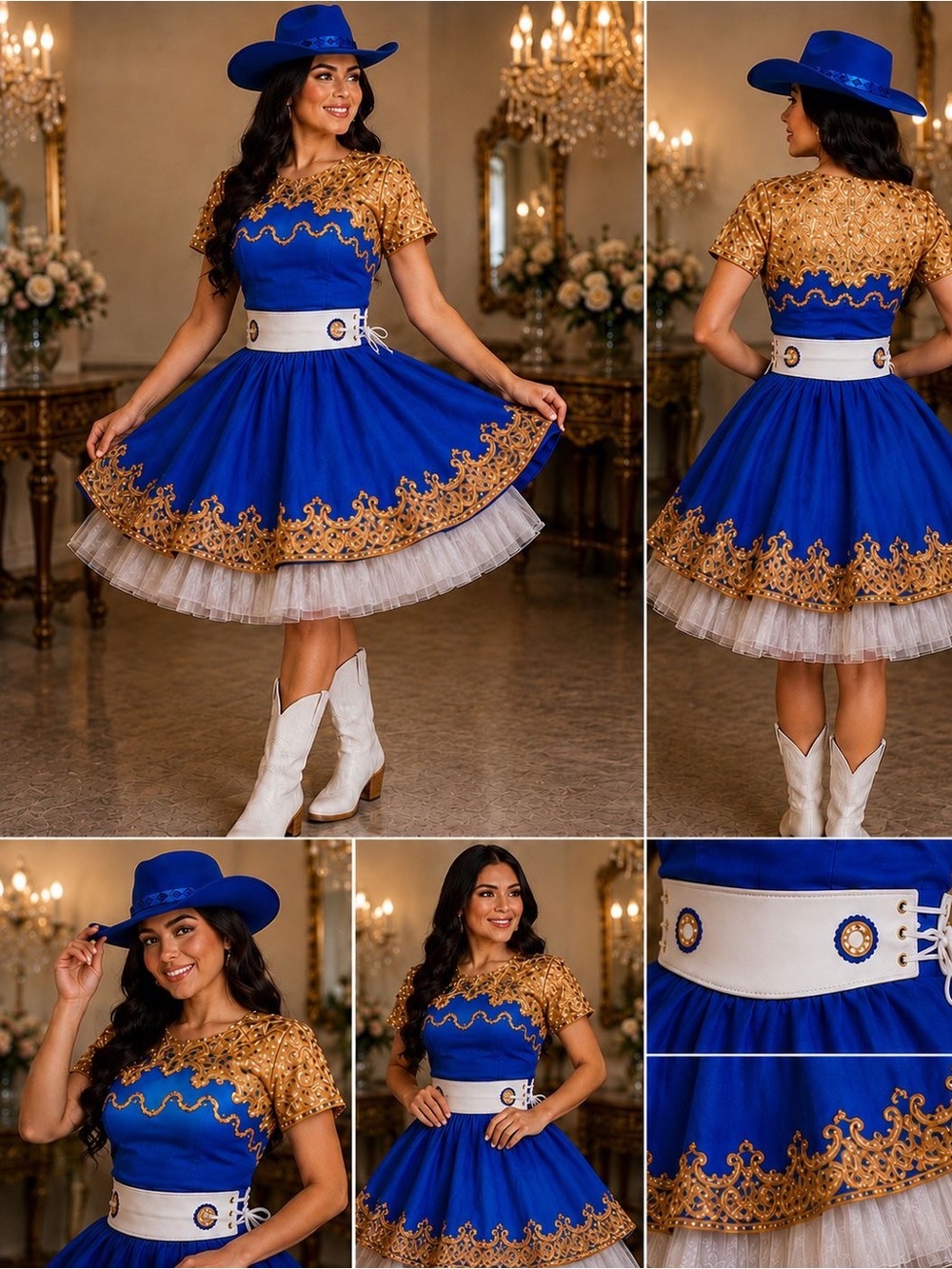 Cheers Etc Custom Sequin Dance Costume Set Blue Gold Hat Belt